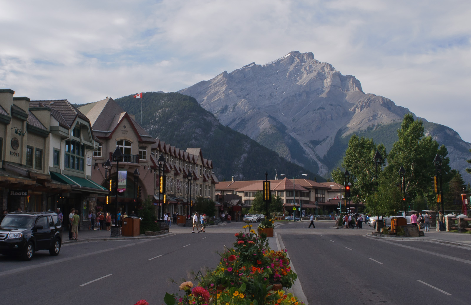 Banff Avenue in the Town of Banff, with Cascade Mountain to the north
