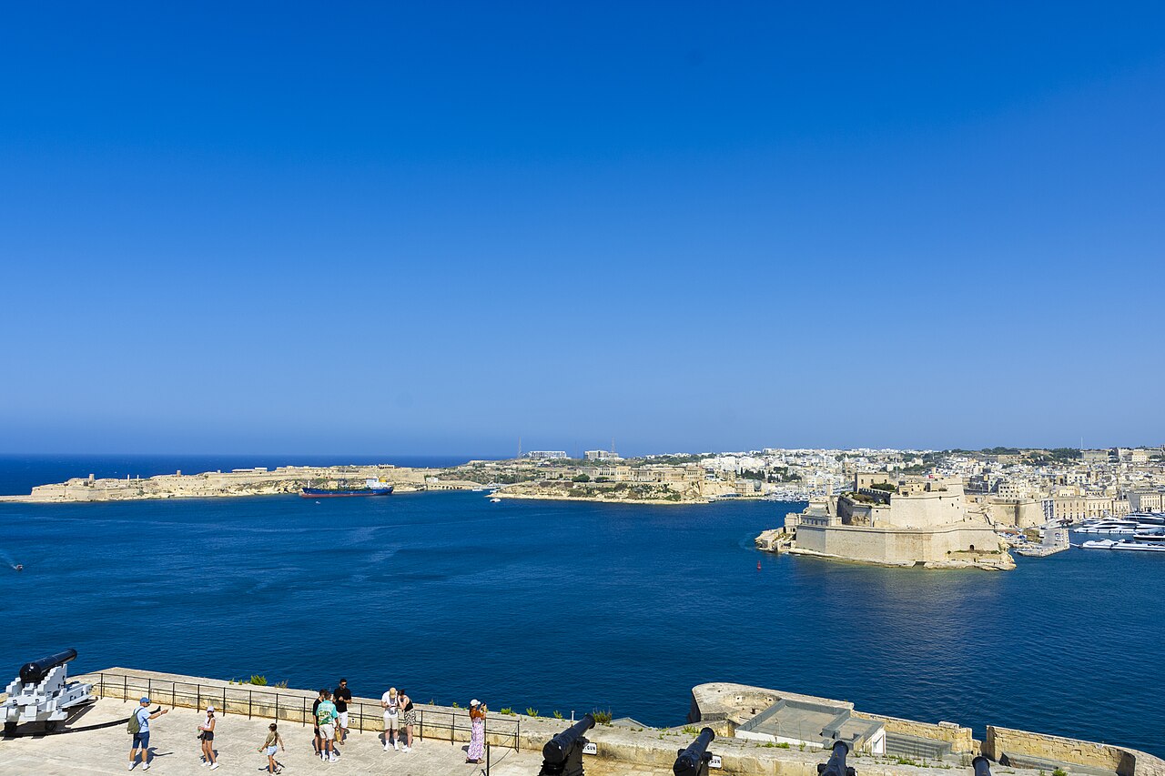 The Grand Harbour and the Three Cities seen from Upper Barrakka Gardens above the Saluting Battery cannons, Valletta