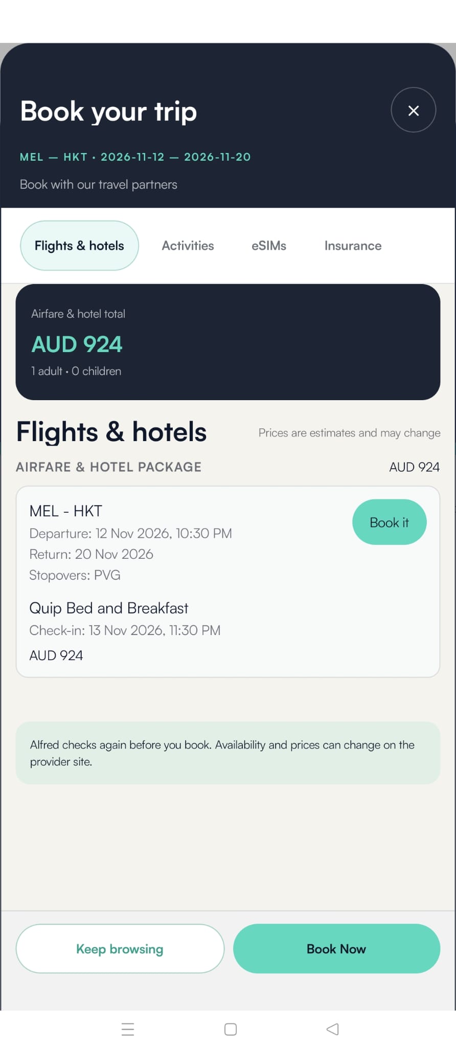 Alfred mobile booking flow