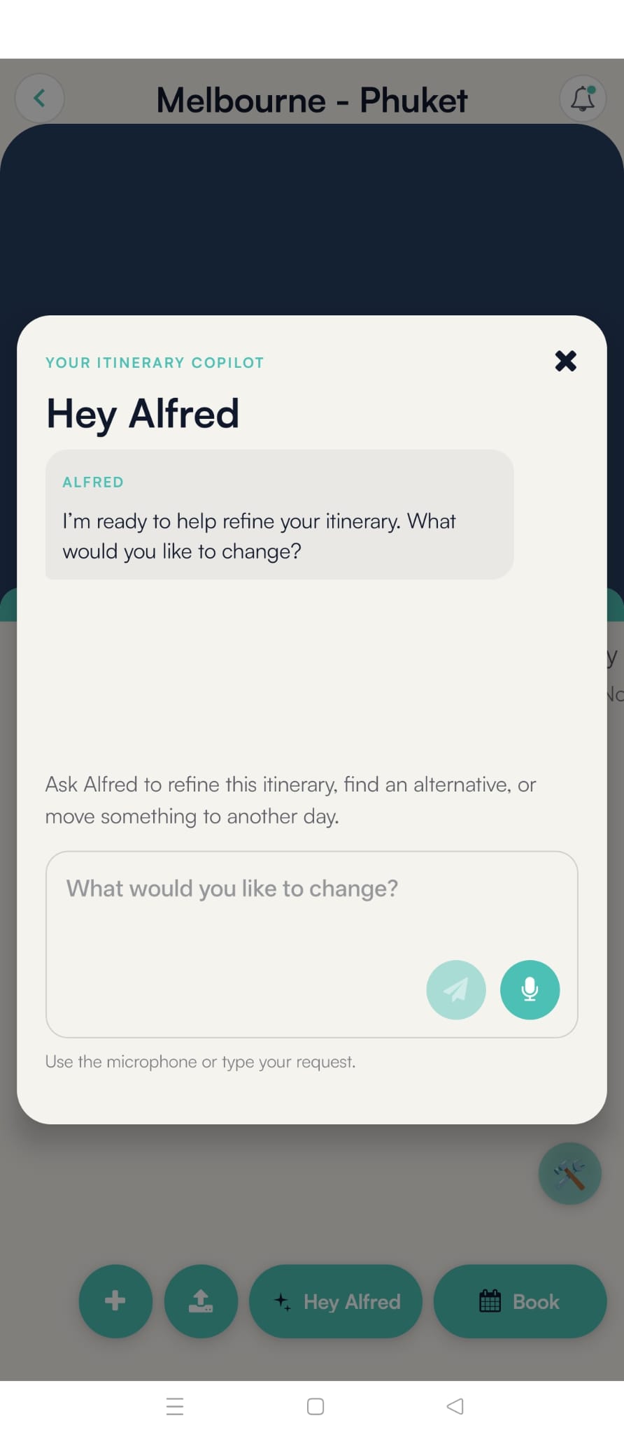 Alfred mobile itinerary copilot dialog