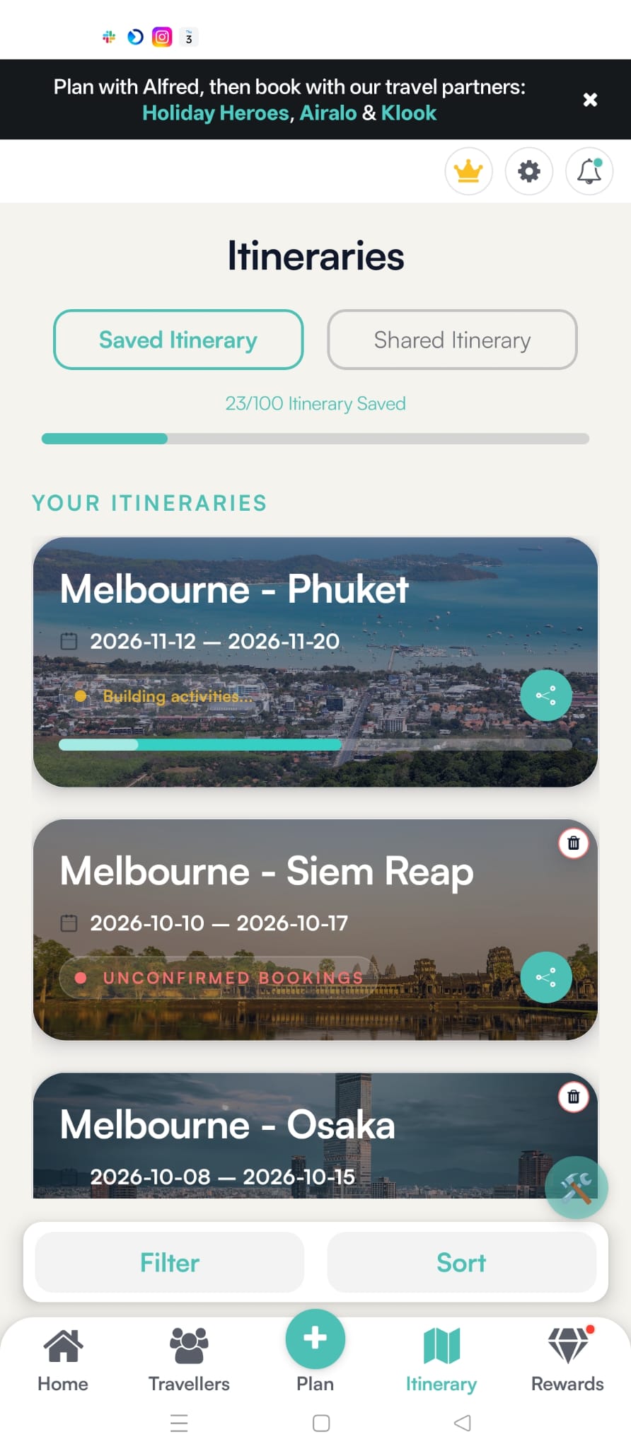 Alfred mobile saved itineraries view