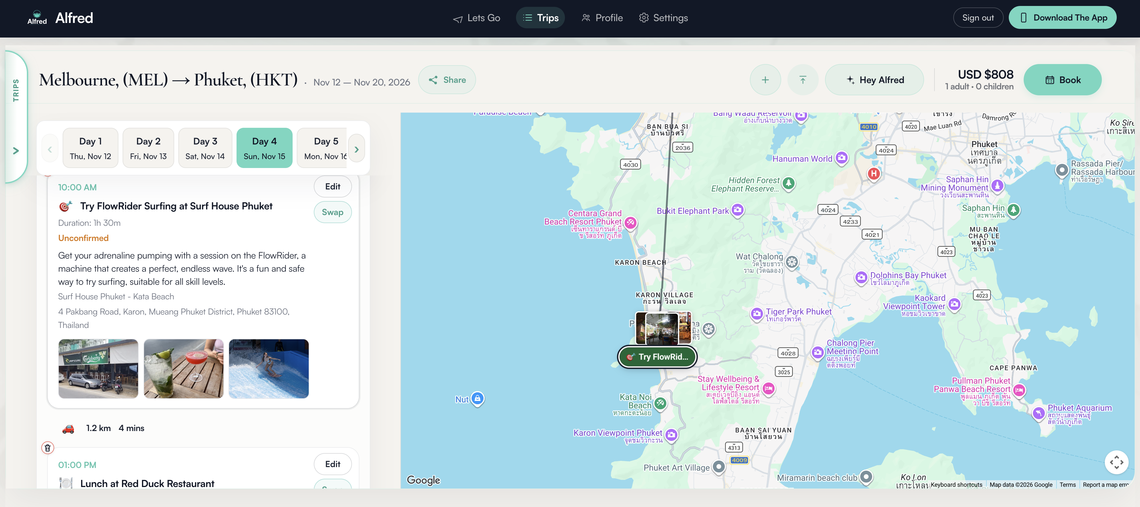 Alfred desktop itinerary for Melbourne to Phuket with map and bookable activities